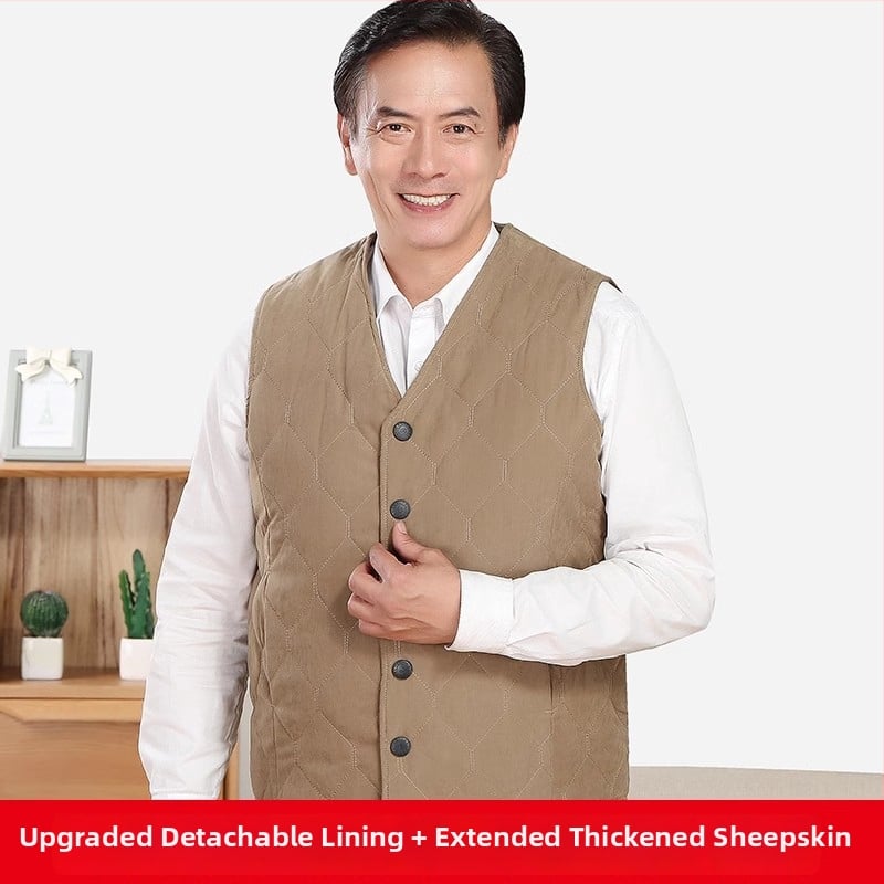Férfi gyapjú mellény poliészter béléssel, V-nyak, vastag kialakítás, téli 2025