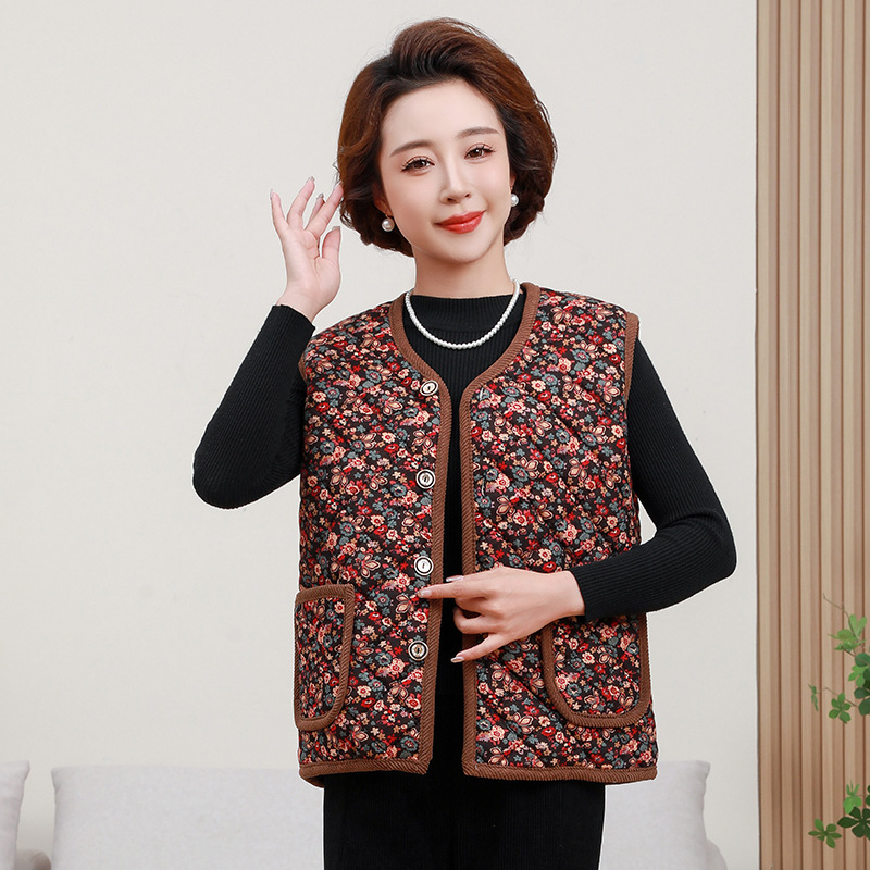 Ősz-téli poliészter fleece béléses mellény külső viseléshez, középkorú és idősebb anyáknak, meleg és stílusos; hossz 50–65 cm; stílus: ingázás, japán-koreai hatás