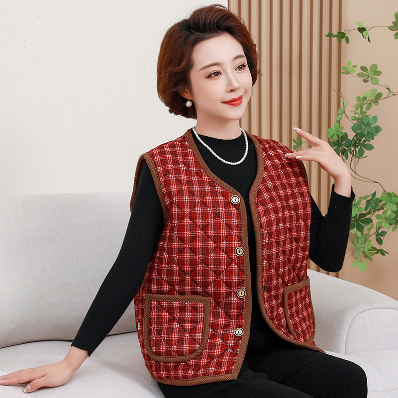 Ősz-téli poliészter fleece béléses mellény külső viseléshez, középkorú és idősebb anyáknak, meleg és stílusos; hossz 50–65 cm; stílus: ingázás, japán-koreai hatás