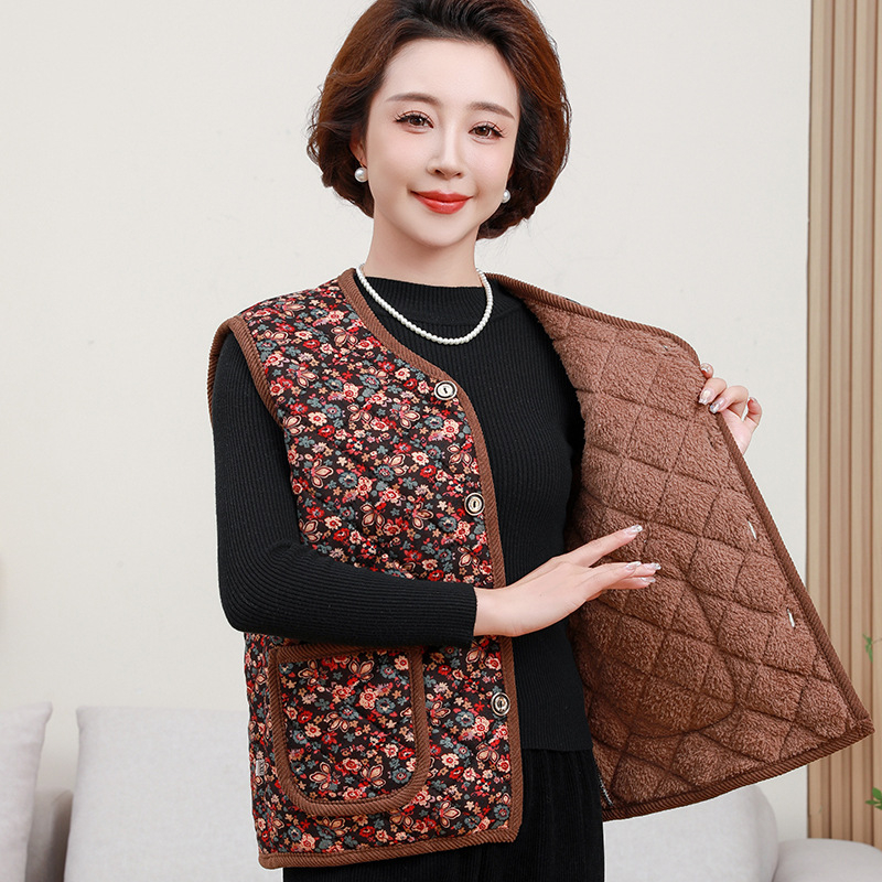 Ősz-téli poliészter fleece béléses mellény külső viseléshez, középkorú és idősebb anyáknak, meleg és stílusos; hossz 50–65 cm; stílus: ingázás, japán-koreai hatás