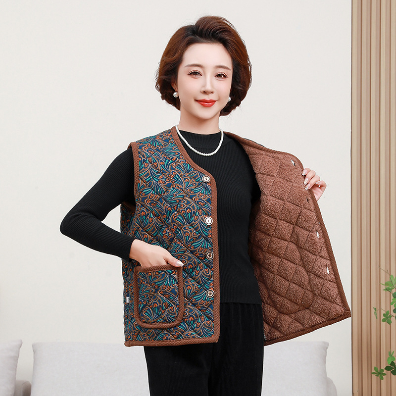 Ősz-téli poliészter fleece béléses mellény külső viseléshez, középkorú és idősebb anyáknak, meleg és stílusos; hossz 50–65 cm; stílus: ingázás, japán-koreai hatás