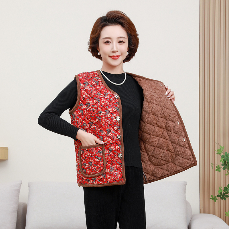 Ősz-téli poliészter fleece béléses mellény külső viseléshez, középkorú és idősebb anyáknak, meleg és stílusos; hossz 50–65 cm; stílus: ingázás, japán-koreai hatás