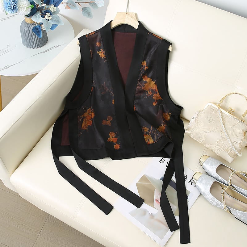 Vesta stil chinezesc pentru femei, poliester, lungime 50–65 cm, conținut principal de țesătură 80–90%