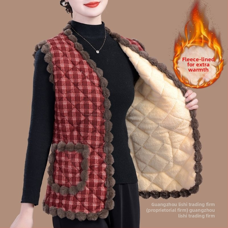 Ženská vesta na jeseň-zimu s vlneným výplňom, V výstrih, A strih, dĺžka 50–65 cm, hlavný materiál viskoza