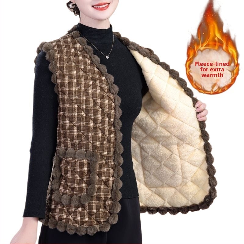 Ženská vesta na jeseň-zimu s vlneným výplňom, V výstrih, A strih, dĺžka 50–65 cm, hlavný materiál viskoza