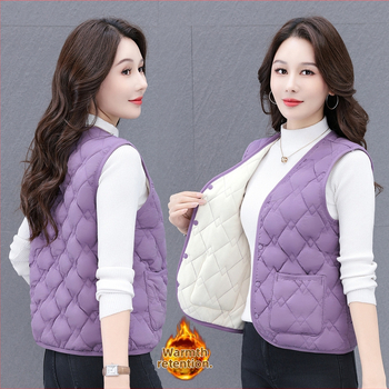 Női V-nyakú mellény down cotton töltettel, poliészter anyagú, csíkos-kockás mintázat (Őszi 2025)