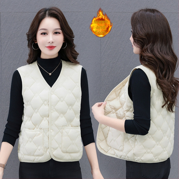 Női V-nyakú mellény down cotton töltettel, poliészter anyagú, csíkos-kockás mintázat (Őszi 2025)