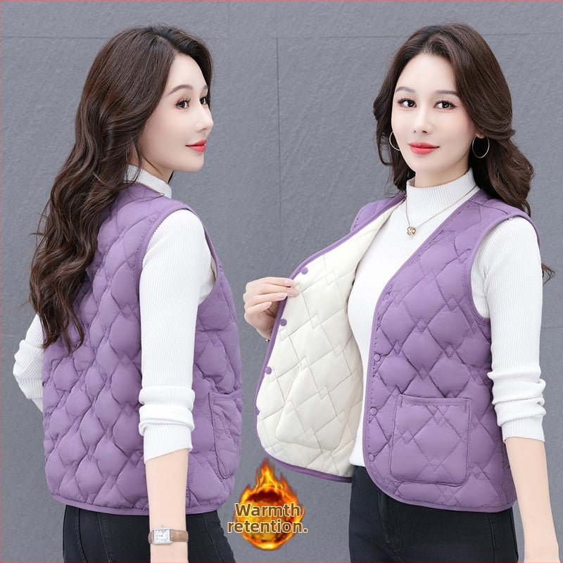 Női V-nyakú mellény down cotton töltettel, poliészter anyagú, csíkos-kockás mintázat (Őszi 2025)