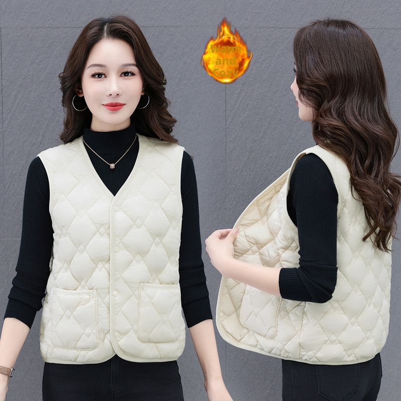 Női V-nyakú mellény down cotton töltettel, poliészter anyagú, csíkos-kockás mintázat (Őszi 2025)