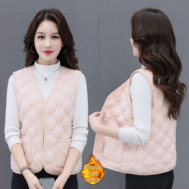 Női V-nyakú mellény down cotton töltettel, poliészter anyagú, csíkos-kockás mintázat (Őszi 2025)