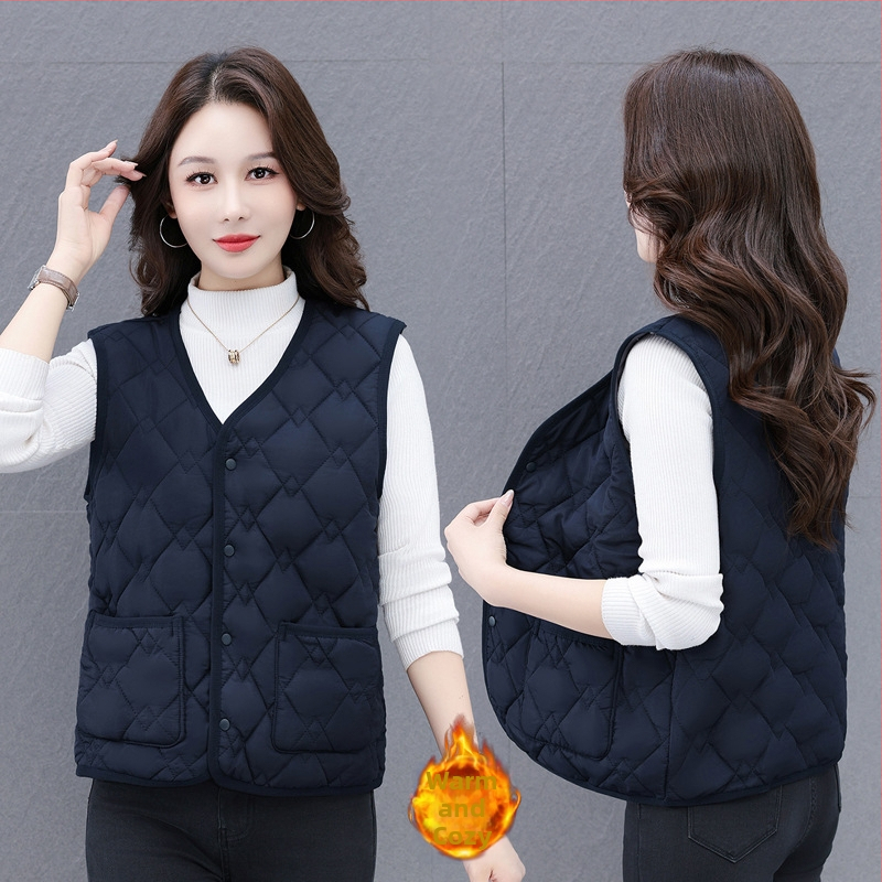 Női V-nyakú mellény down cotton töltettel, poliészter anyagú, csíkos-kockás mintázat (Őszi 2025)