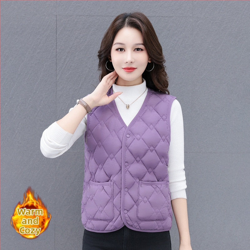 Női V-nyakú mellény down cotton töltettel, poliészter anyagú, csíkos-kockás mintázat (Őszi 2025)