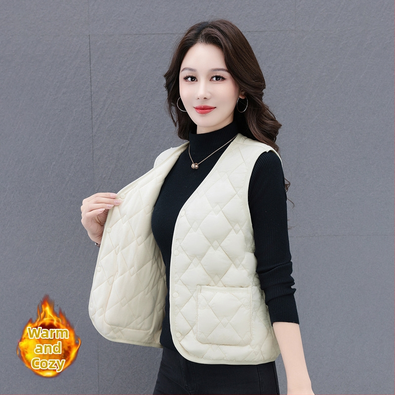 Női V-nyakú mellény down cotton töltettel, poliészter anyagú, csíkos-kockás mintázat (Őszi 2025)