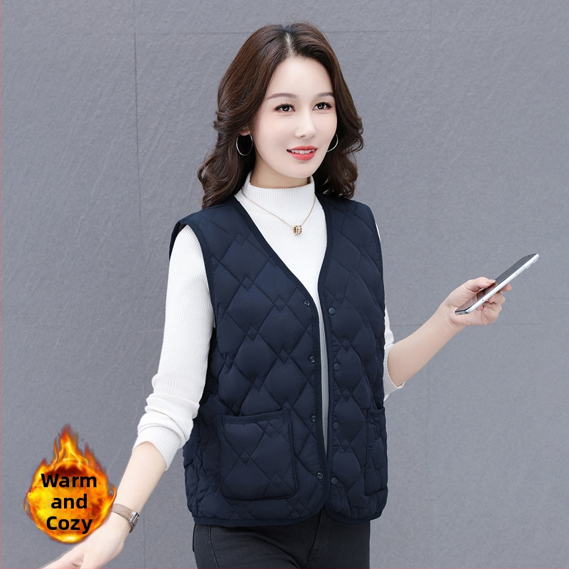 Női V-nyakú mellény down cotton töltettel, poliészter anyagú, csíkos-kockás mintázat (Őszi 2025)