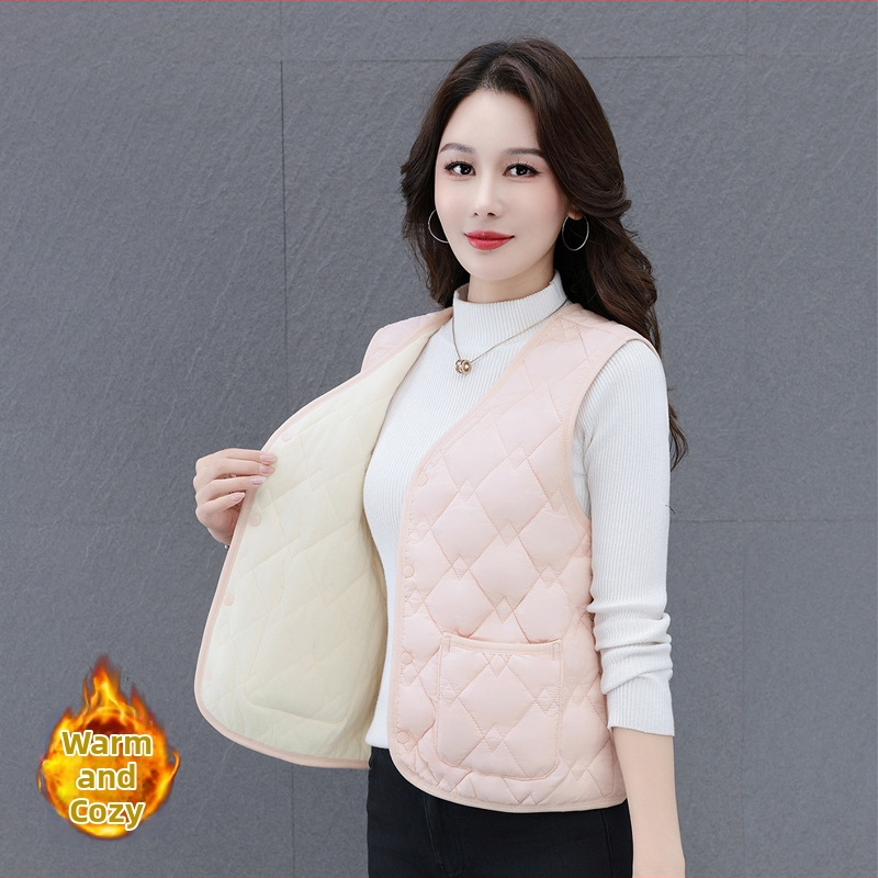 Női V-nyakú mellény down cotton töltettel, poliészter anyagú, csíkos-kockás mintázat (Őszi 2025)