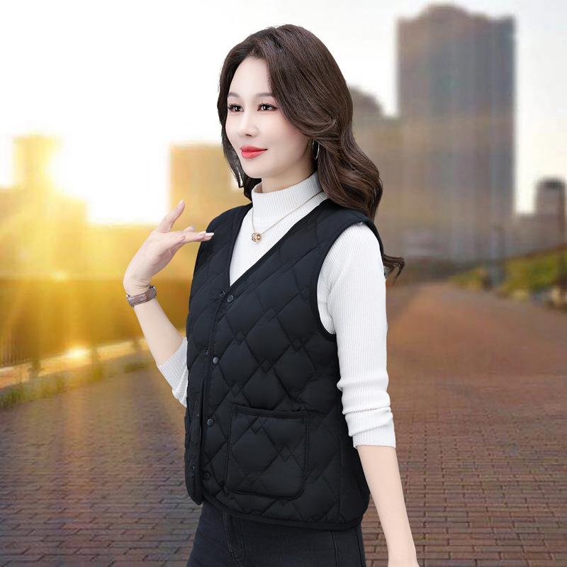 Női V-nyakú mellény down cotton töltettel, poliészter anyagú, csíkos-kockás mintázat (Őszi 2025)