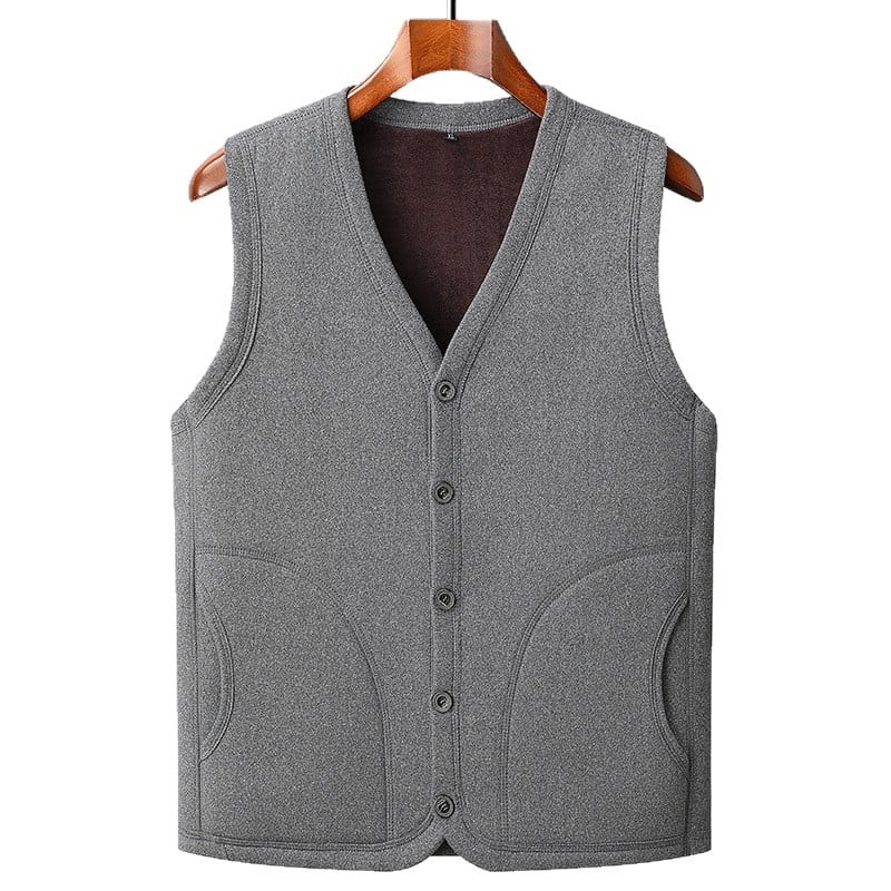 Vesta pentru bărbați căptușită cu fleece, decolteu în V, croi lejer, închiderea cu nasturi pe un singur rând, buzunare laterale.