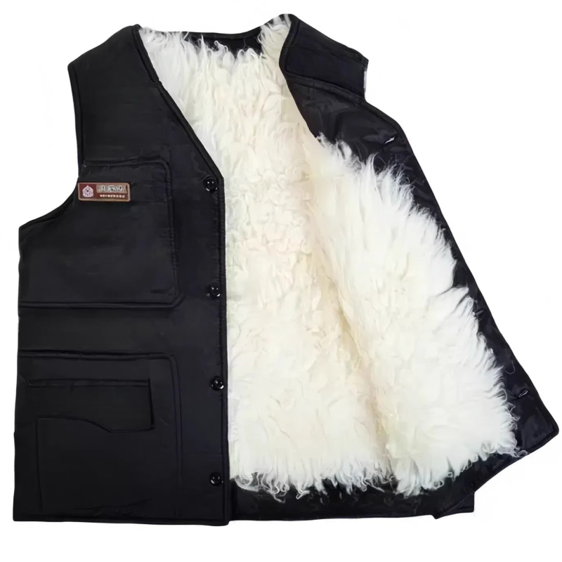 Vestă din bumbac în stil cardigan, cu glugă, decolteu în V, țesătură corduroy și principal material din păr de iepure