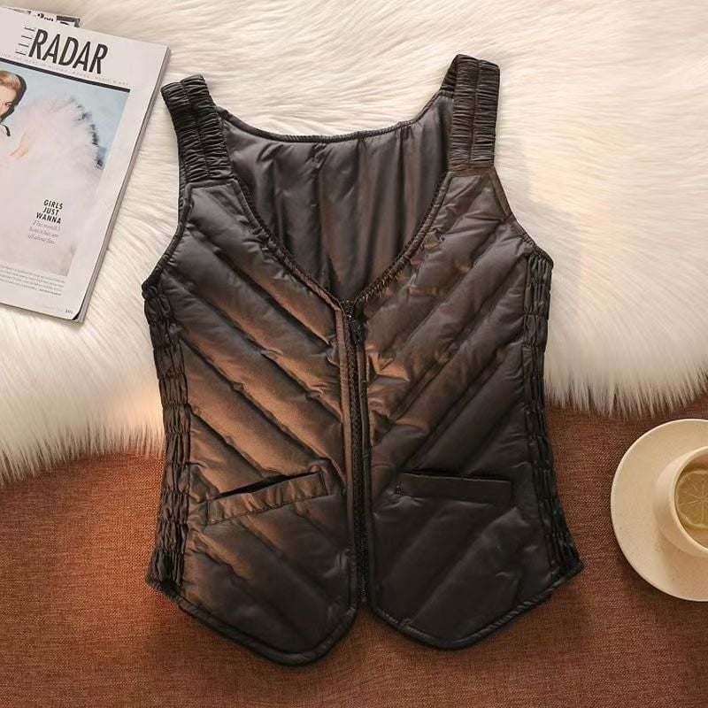 Női pehely mellény, könnyű, V-nyakú, cipzárral, poliészter, kacsa tollal töltve, tél 2025