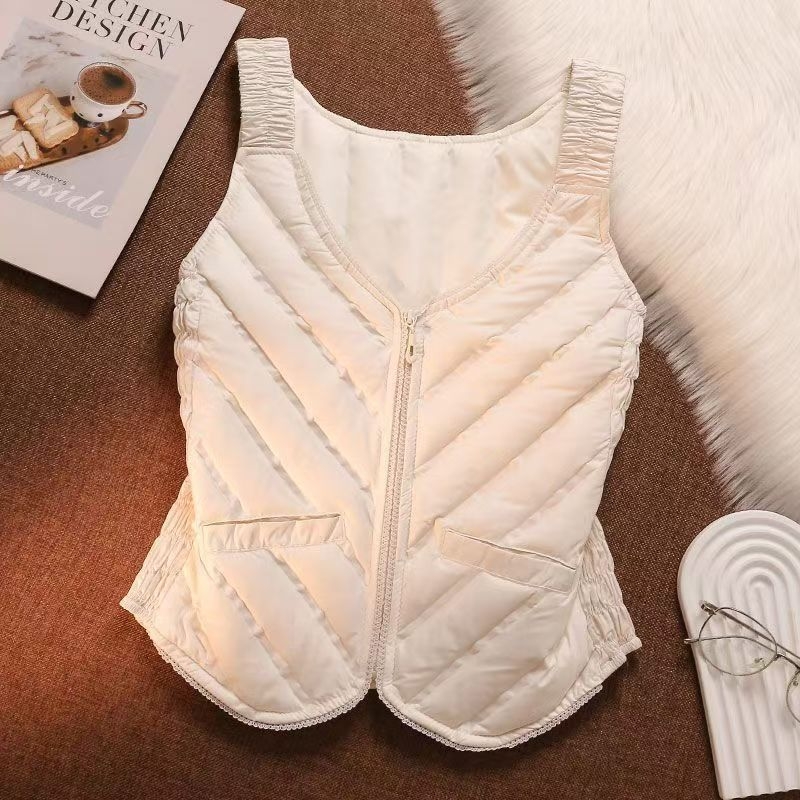 Női pehely mellény, könnyű, V-nyakú, cipzárral, poliészter, kacsa tollal töltve, tél 2025