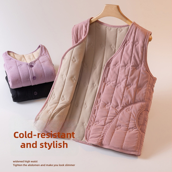 Vesta feminină căptușită cu fleece, toamnă-iarnă 2025, stil elegant pentru naveta urbană, model houndstooth, țesătură viscoză-poliester (90-95% poliester), lungime medie