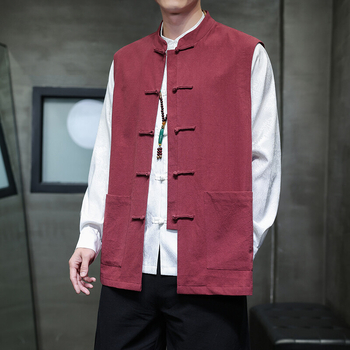 Pánska vesta z bavlneného zmesi, čínskeho štýlu, voľný strih, bez rukávov, stojací golier, frontálne zapínanie na gombíky, vrecká s nášivkami