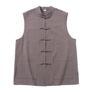 Pánska vesta z bavlneného zmesi, čínskeho štýlu, voľný strih, bez rukávov, stojací golier, frontálne zapínanie na gombíky, vrecká s nášivkami