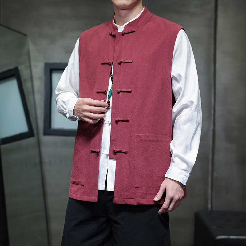 Pánska vesta z bavlneného zmesi, čínskeho štýlu, voľný strih, bez rukávov, stojací golier, frontálne zapínanie na gombíky, vrecká s nášivkami