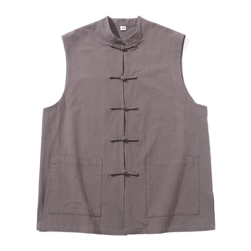 Pánska vesta z bavlneného zmesi, čínskeho štýlu, voľný strih, bez rukávov, stojací golier, frontálne zapínanie na gombíky, vrecká s nášivkami
