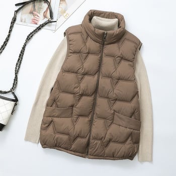 Női pehely-pamut mellény, szabályos szabású, polo gallér, cipzár, hossz 50–65 cm, 2025 tavasz kiadás