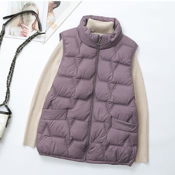 Női pehely-pamut mellény, szabályos szabású, polo gallér, cipzár, hossz 50–65 cm, 2025 tavasz kiadás