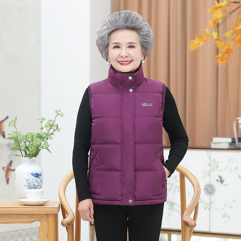 Téli mellény idős nőknek álló gallérral — bambusz rost szövet, fő anyag 95%+ bambusz, másodlagos anyag 95%+ poliészter, felnőtt nőies stílus