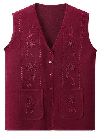 Női őszi kötött mellény-kardigán, V-nyakú, A-vonalú, növényi mintás, poliészter-pamut keverék, őszi 2023 kiadás