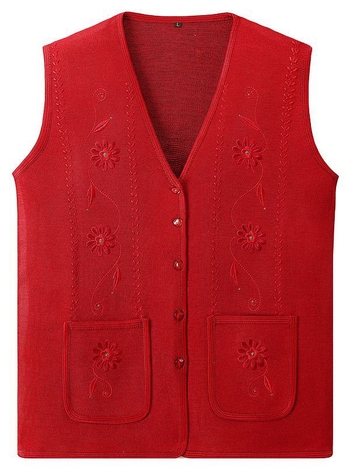 Női őszi kötött mellény-kardigán, V-nyakú, A-vonalú, növényi mintás, poliészter-pamut keverék, őszi 2023 kiadás