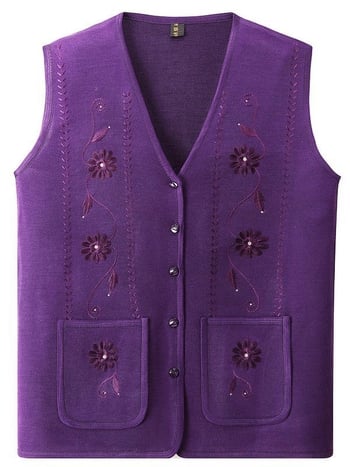 Női őszi kötött mellény-kardigán, V-nyakú, A-vonalú, növényi mintás, poliészter-pamut keverék, őszi 2023 kiadás