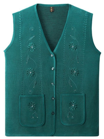 Női őszi kötött mellény-kardigán, V-nyakú, A-vonalú, növényi mintás, poliészter-pamut keverék, őszi 2023 kiadás