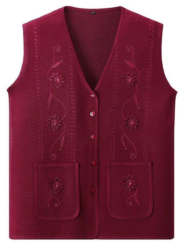 Női őszi kötött mellény-kardigán, V-nyakú, A-vonalú, növényi mintás, poliészter-pamut keverék, őszi 2023 kiadás