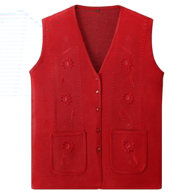 Női őszi kötött mellény-kardigán, V-nyakú, A-vonalú, növényi mintás, poliészter-pamut keverék, őszi 2023 kiadás