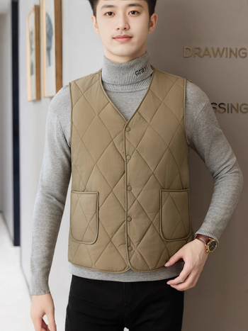 Férfi poliészter mellény, kockás mintázat, poliészter töltet, 3D zsebek