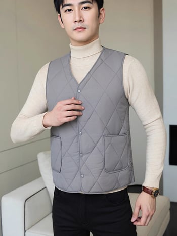 Férfi poliészter mellény, kockás mintázat, poliészter töltet, 3D zsebek