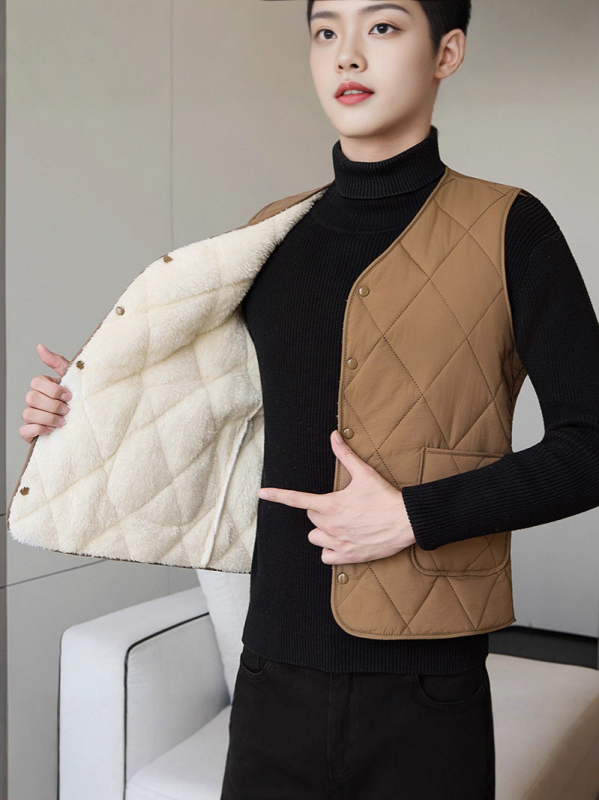 Férfi poliészter mellény, kockás mintázat, poliészter töltet, 3D zsebek