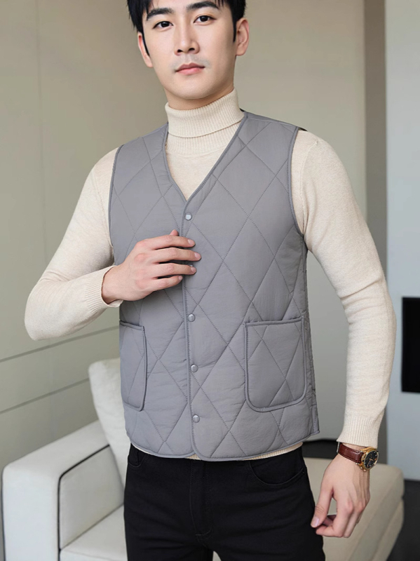 Férfi poliészter mellény, kockás mintázat, poliészter töltet, 3D zsebek