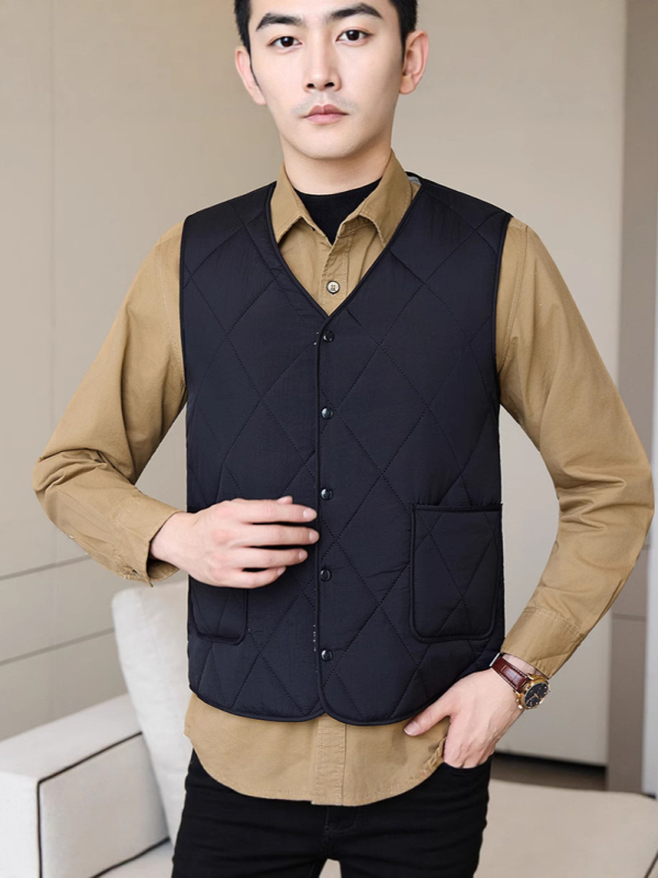 Férfi poliészter mellény, kockás mintázat, poliészter töltet, 3D zsebek