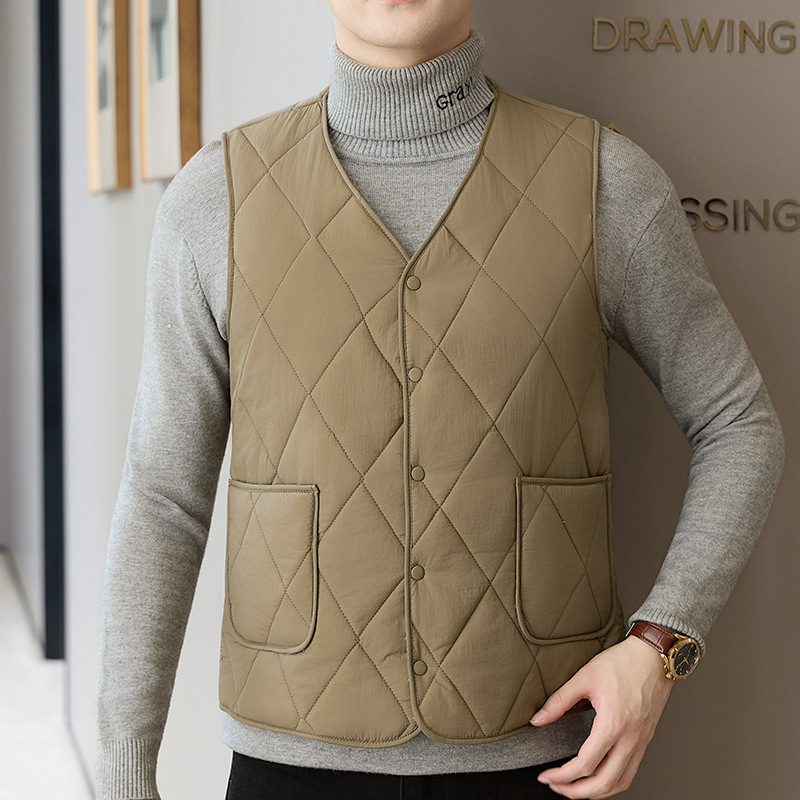 Férfi poliészter mellény, kockás mintázat, poliészter töltet, 3D zsebek