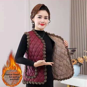 Ujjatlan mellény V-nyakkal, fleece-béléssel, selyemszerű töltettel és műszőrmével, poliészter 80–90%