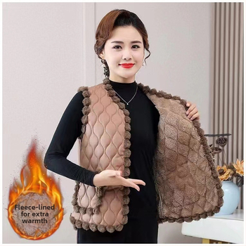 Ujjatlan mellény V-nyakkal, fleece-béléssel, selyemszerű töltettel és műszőrmével, poliészter 80–90%