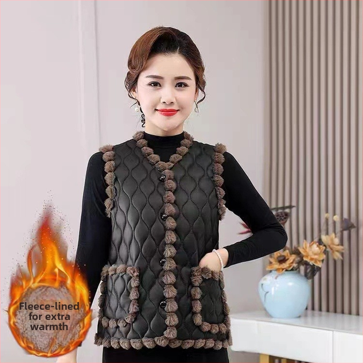 Ujjatlan mellény V-nyakkal, fleece-béléssel, selyemszerű töltettel és műszőrmével, poliészter 80–90%