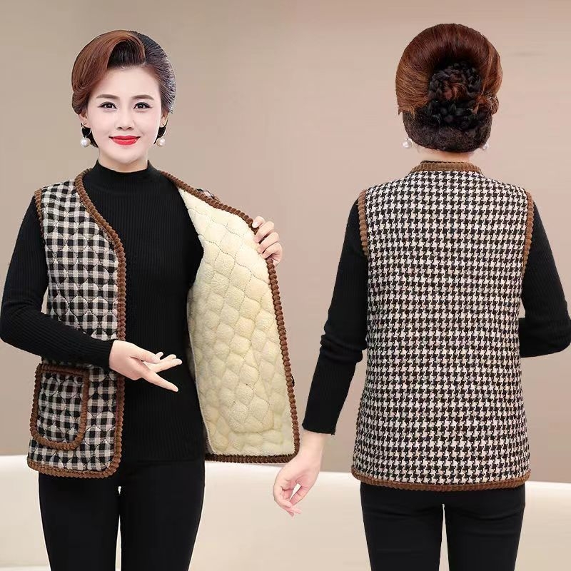 Vestă din lână cu căptușeală din fleece, model carouri, guler în V, lungime ultra- scurtă, pentru femei adulte