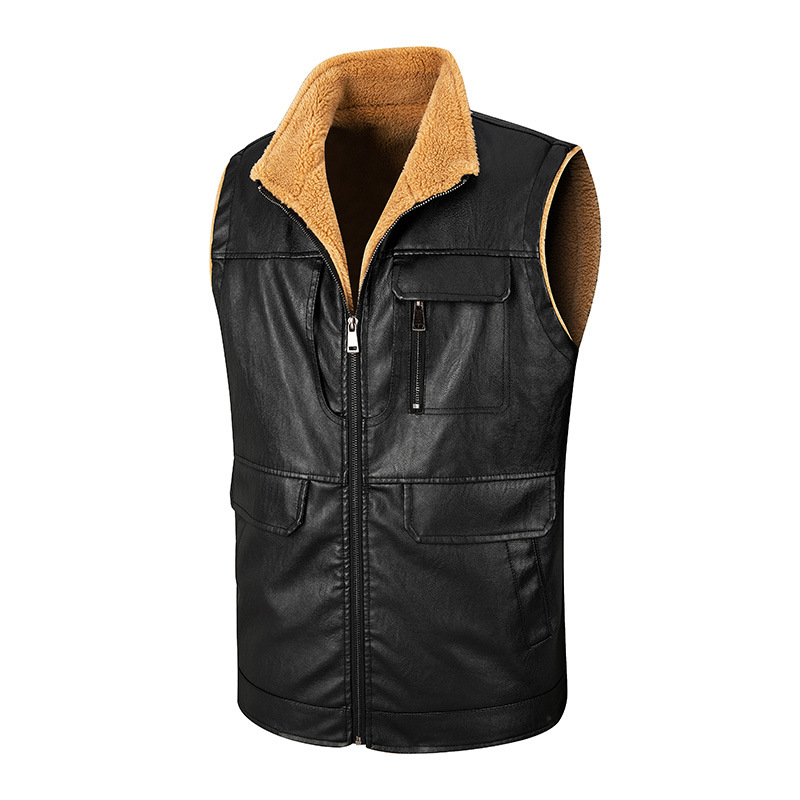 PU bőr mellény, fleece béléssel, álló gallér, cipzáras zárás, téli viselet