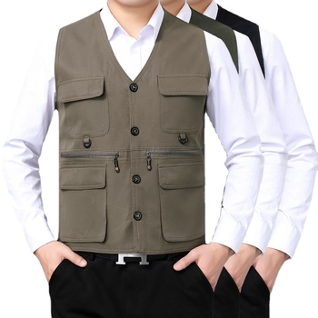 Pánska vesta na fotografovanie v prírode – ľahká letná, s viacerými vreckami, zmes polyesteru, bez goliera, zapínanie na jeden rad gombíkov